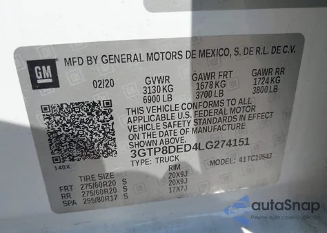 2020 GMC Sierra 1500 2Wd Short Box Slt from USA, damaged, VIN 3GTP8DED4LG274151